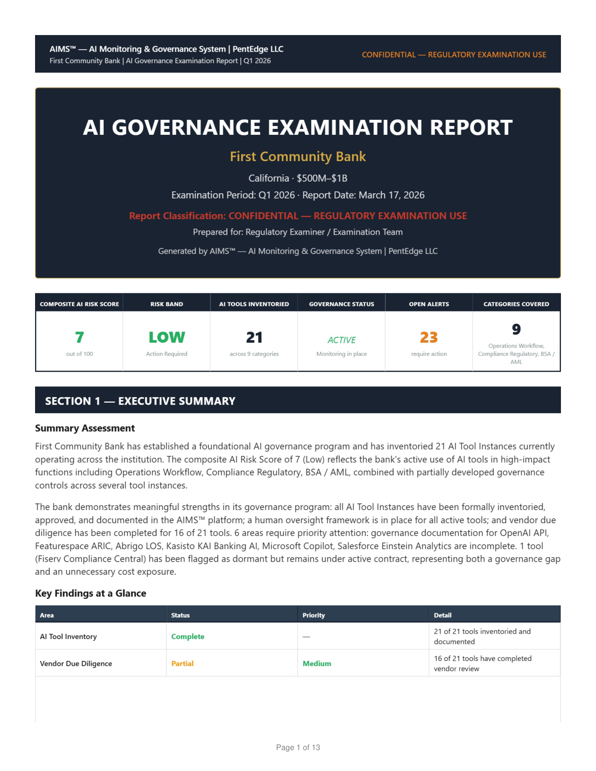 AIMS™ Examiner Risk Report — sample output