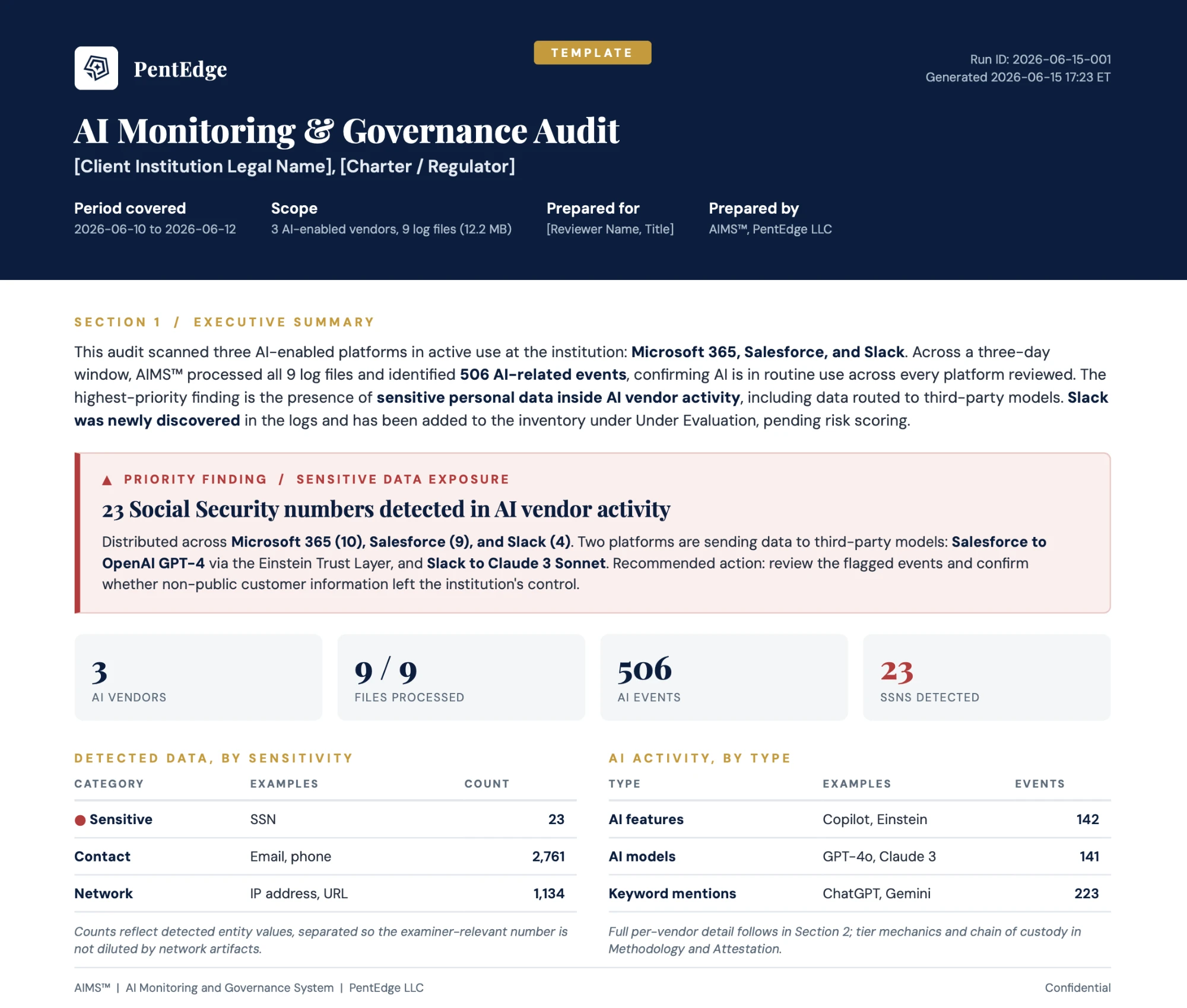 Sample AIMS™ AI Monitoring & Governance Audit report — executive summary with a priority finding on sensitive data exposure, audit metrics, and breakdowns of detected data by sensitivity and AI activity by type.